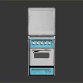 Blue And White Electric Stove Model With Open Lid Knobs And Oven Door