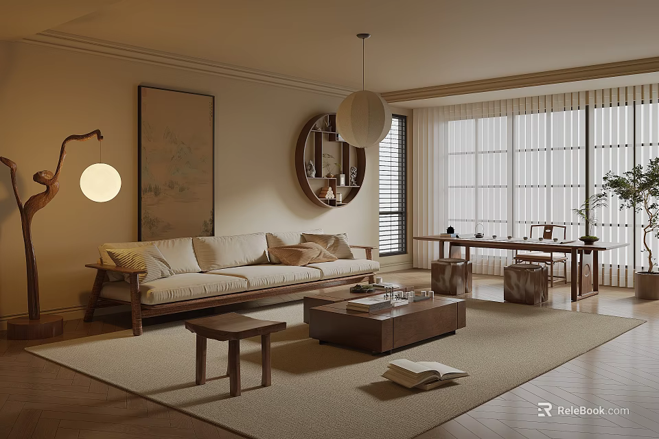 Chinese Style Living Room Interior With Sofa Coffee Table Rug And Decorative Painting 3d model 