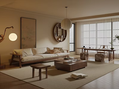 Chinese Style Living Room Interior With Sofa Coffee Table Rug And Decorative Painting 3d model