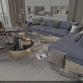 Modern Elegant Gray Sofa With Multiple Pillows And Golden Round Coffee Table On Patterned Rug 3d model