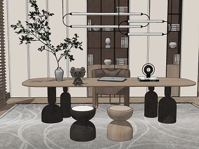 Modern Home Office Desk With Plant Teddy Bear Stools And Bookshelf Lighting 3d model