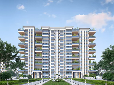 Modern High Rise Apartment Building Exterior Design With Balconies And Lush Greenery 3d model