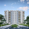 Modern High Rise Apartment Building Exterior Design With Balconies And Lush Greenery