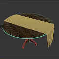 Round Dark Brown Wooden Dining Table with Beige Tablecloth and Three Legged Base 3d model