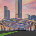 Modern Sunshade Canopy With Transparent Roof And Support Columns In Urban Sunset