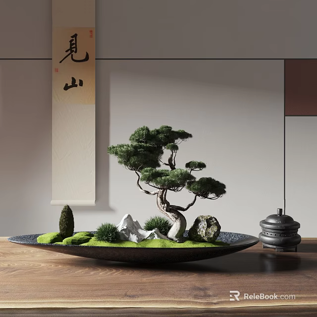 Traditional Bonsai Pine Tree with Moss Stones and Scroll in Tray 3d model 