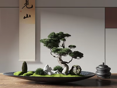 Traditional Bonsai Pine Tree with Moss Stones and Scroll in Tray 3d model