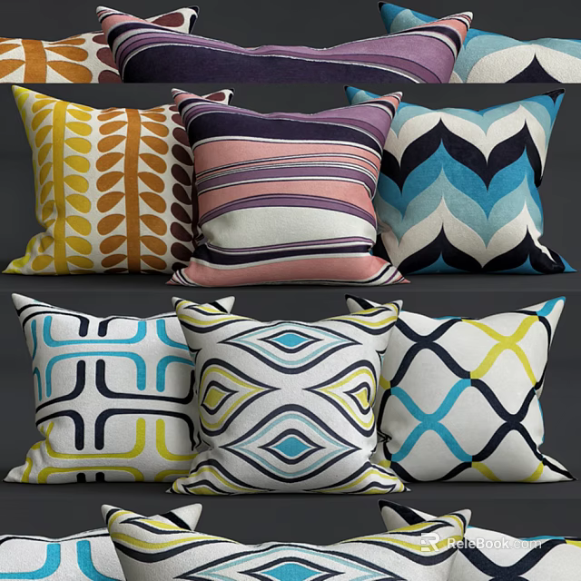 Colorful Geometric Pattern Throw Pillows With Vibrant Yellow Brown Pink Blue Tones 3d model 
