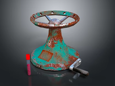 Rusted Green Metal Wheel Base With Vintage Mechanical Structure And Small Red Object 3d model
