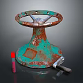 Rusted Green Metal Wheel Base With Vintage Mechanical Structure And Small Red Object