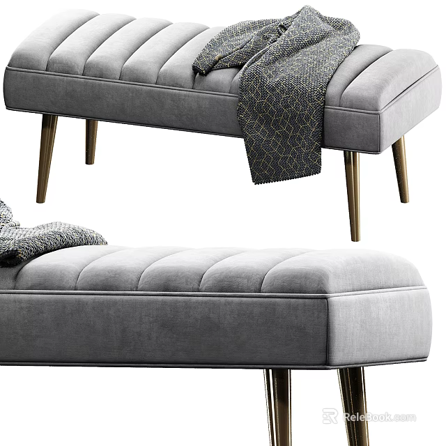 Gray Tufted Single Bed With Golden Legs Patterned Blanket And Decorative Pillow 3d model 