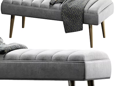 Gray Tufted Single Bed With Golden Legs Patterned Blanket And Decorative Pillow 3d model