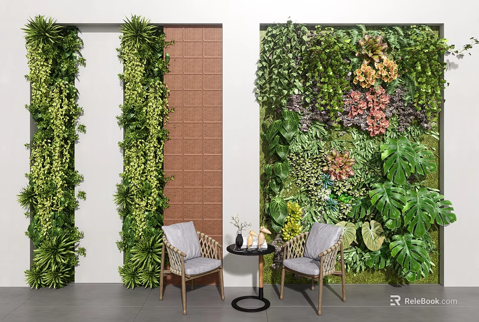 Cozy Leisure Chairs With Small Round Table Against Lush Green Plant Walls In Indoor Space 3d model 