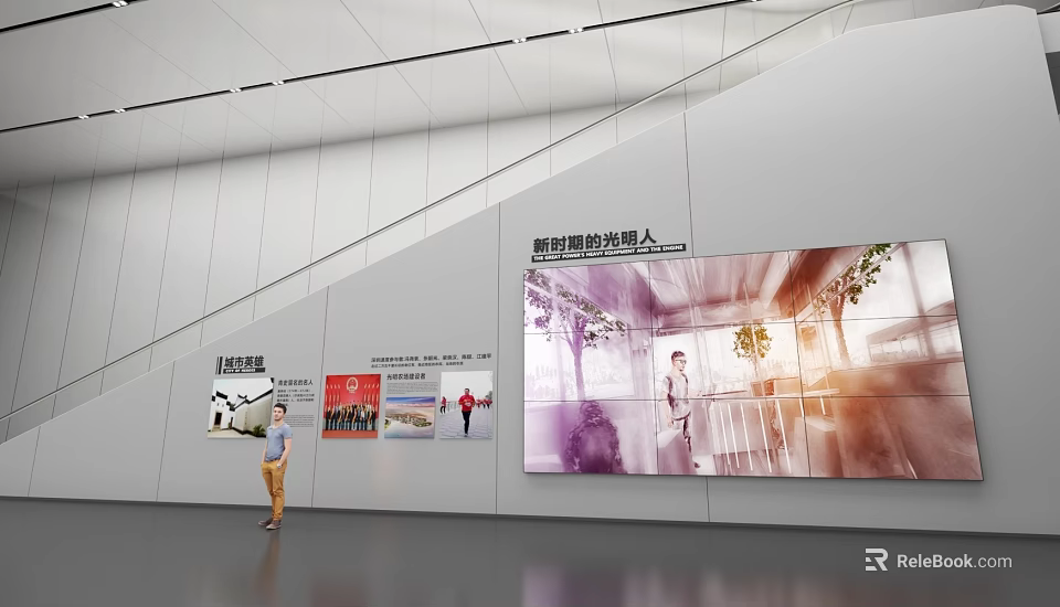 Contemporary Exhibition Hall Interior With Wall Mounted Image Displays And People 3d model 