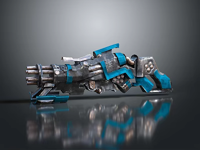 Futuristic Mechanical Weapon Blue And Silver Multi Barrel 3D Model Detailed Reflective Surface Design 3d model