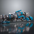 Futuristic Mechanical Weapon Blue And Silver Multi Barrel 3D Model Detailed Reflective Surface Design