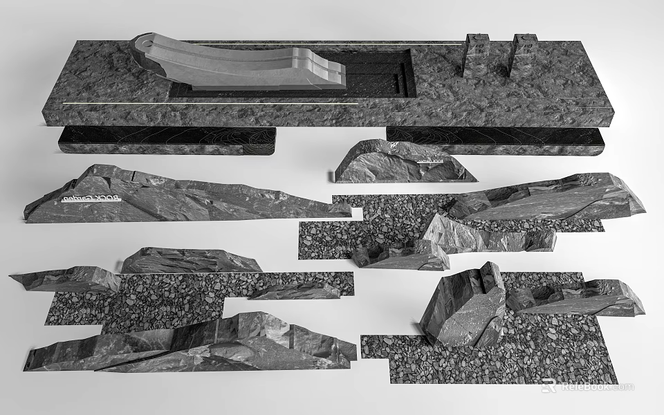 Variety of Natural Stone and Wood Materials with Textured Slabs Blocks and Samples 3d model 