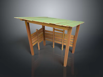 Outdoor Wooden Garden Structure With Sloped Green Roof And Support Frames 3d model
