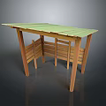 Outdoor Wooden Garden Structure With Sloped Green Roof And Support Frames