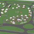 Illuminated Park Landscape With Multiple Tents Cottages Green Lawn Winding Paths And Trees