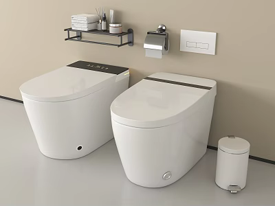 Modern White Toilets In Bathroom With Wall Shelf Toilet Paper Holder And Trash Can 3d model