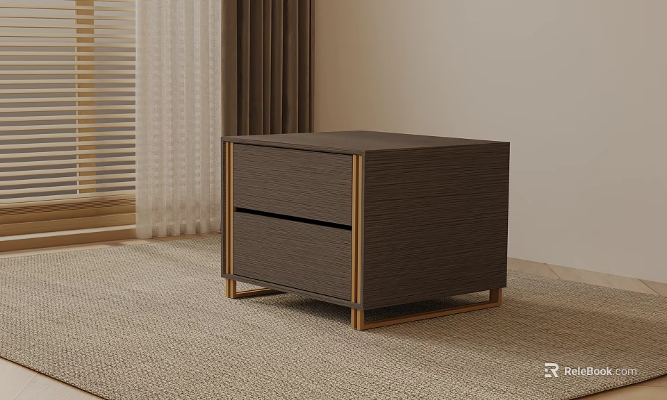 Modern Wooden Side Table With Two Drawers And Metal Legs On Rug 3d model 