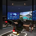 Modern Entertainment Room With Multiple Screens Racing Simulator Seat And Tech Panels