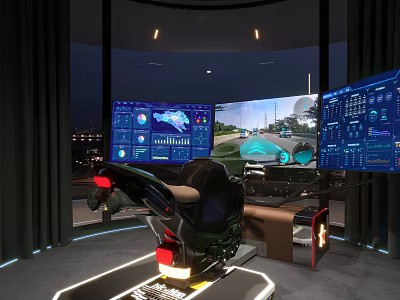 Modern Entertainment Room With Multiple Screens Racing Simulator Seat And Tech Panels 3d model
