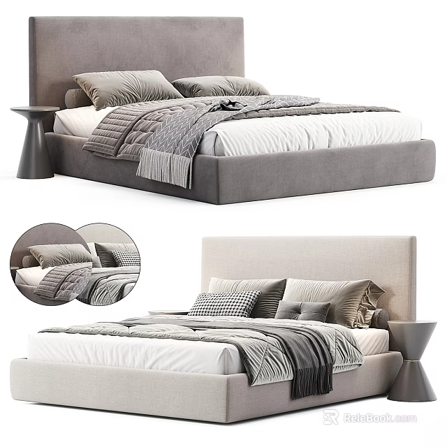 Modern Double Bed With Upholstered Headboard Plush Pillows Fringe Blanket And Minimalist Nightstand 3d model 