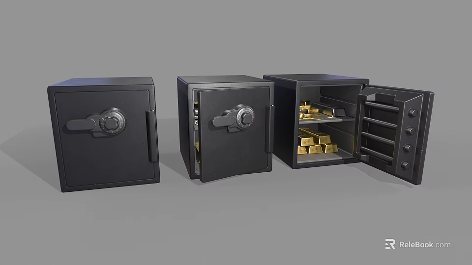 Three Black Security Lockers With Open Door Showing Gold Bars Inside 3d model 