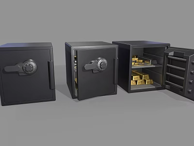 Three Black Security Lockers With Open Door Showing Gold Bars Inside 3d model