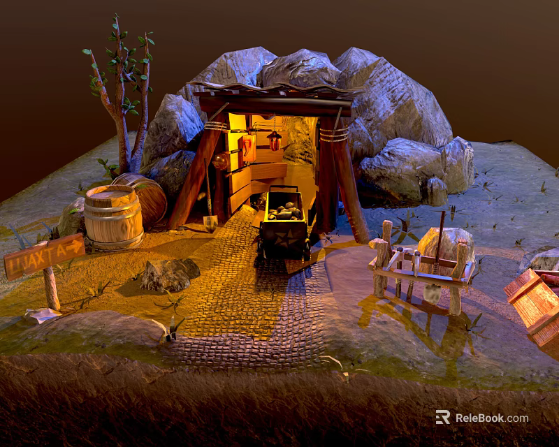 Cartoon Scene Featuring Cave With Lit Entrance Wooden Barrel Tree Fence Cart And Stone Path 3d model 