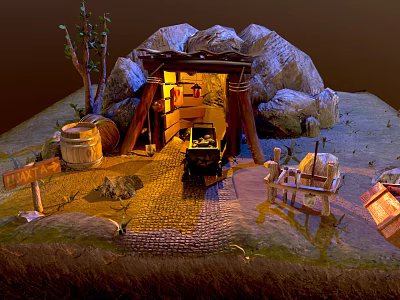 Cartoon Scene Featuring Cave With Lit Entrance Wooden Barrel Tree Fence Cart And Stone Path 3d model