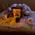 Cartoon Scene Featuring Cave With Lit Entrance Wooden Barrel Tree Fence Cart And Stone Path