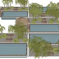 Tropical Courtyard Garden Design With Multiple Pools Palm Trees And Thatched Shelters