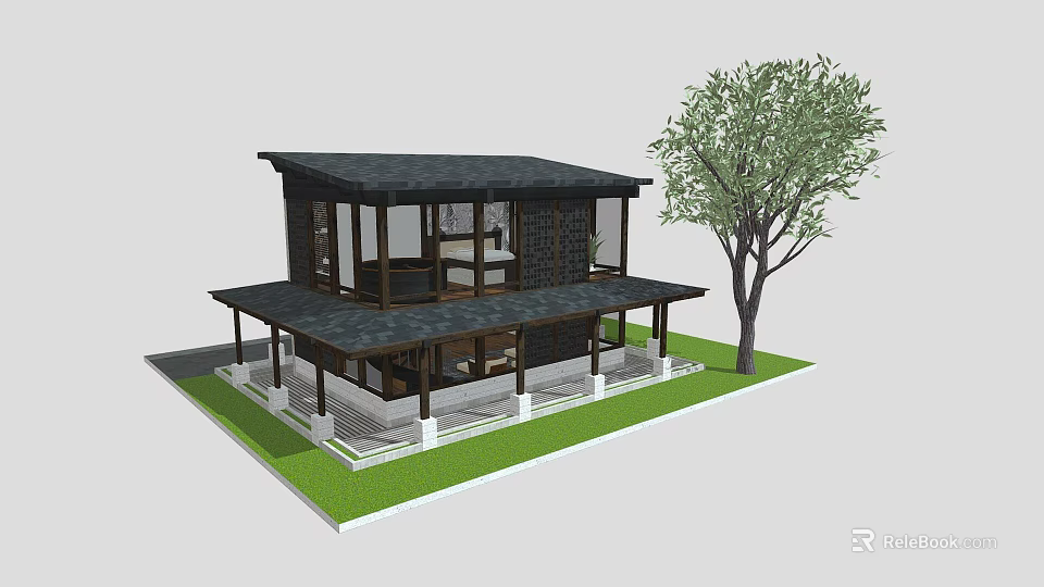 Modern Detached House Featuring Large Glass Windows Dark Roof Porch And Lawn Tree 3d model 