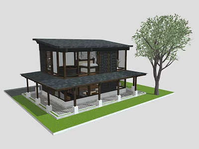 Modern Detached House Featuring Large Glass Windows Dark Roof Porch And Lawn Tree 3d model