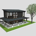 Modern Detached House Featuring Large Glass Windows Dark Roof Porch And Lawn Tree