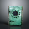 Green Metal Door With Circular Porthole Window And Vintage Hardware