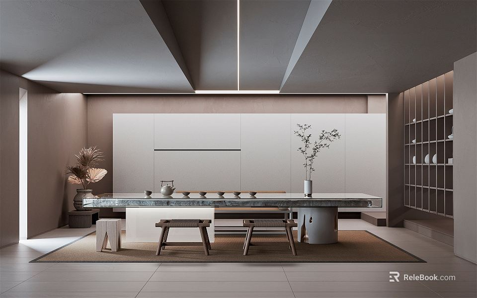 Modern Open Tea Room Interior Design With Long Table Stools Vase Plants And Lighting 3d model 