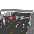 Toll Booth Zone Featuring Overhead Structure Traffic Cones No Entry And Bicycle Lane Signs