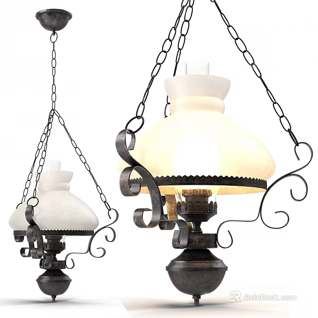 Vintage Chandeliers With Metal Chains Wrought Iron Details And White Frosted Glass Shades 3d model 