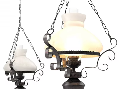 Vintage Chandeliers With Metal Chains Wrought Iron Details And White Frosted Glass Shades 3d model