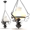 Vintage Chandeliers With Metal Chains Wrought Iron Details And White Frosted Glass Shades