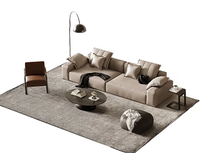 Beige Sofa and Coffee Table Set with Throw Pillows Brown Armchair Gray Rug and Ottoman 3d model