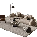 Beige Sofa and Coffee Table Set with Throw Pillows Brown Armchair Gray Rug and Ottoman