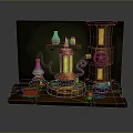 Vintage Style Glowing Lamp Set With Mechanical Elements Wooden Base And Decorative Items