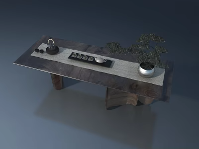 Elegant Wooden Tea Table With Tea Set And Potted Plant Design 3d model