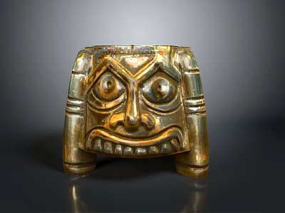 Ancient Golden Artifact Featuring Human Face Carving And Leg Shaped Base 3d model