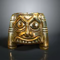 Ancient Golden Artifact Featuring Human Face Carving And Leg Shaped Base 3d model
